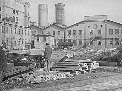 The dye house building and cooling towers in the background