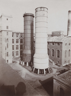 Cooling towers located at the Silocentrála (energy center) in the current courtyard, 1912